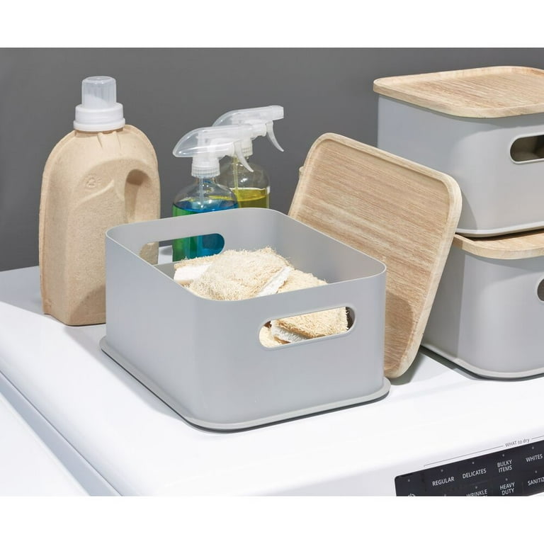 Idesign, Recycled Plastic 12 Medium Storage Bin with Handles and Paulownia Wood Lid, Gray, BPA-Free
