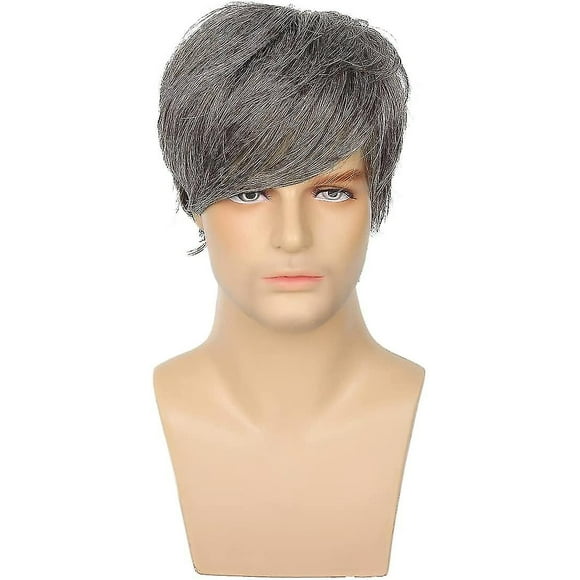 Mens Wig Grey Short Layered Cosplay Hair Wig Synthetic Full Wigs With Wig Cap