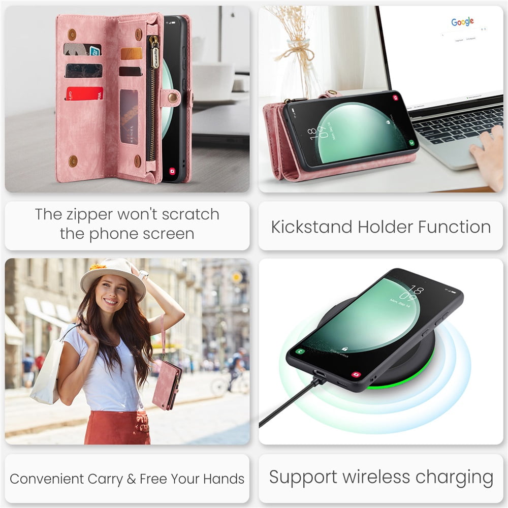 CaseMe Leather Case for Samsung Galaxy S23 FE 5G,2 in 1 Detachable Wallet Case with 8-Card Holder Zipper Bills Slot,Magnetic Shockproof Flip Leather Cover Zipper Pocket Phone Cases,Pink