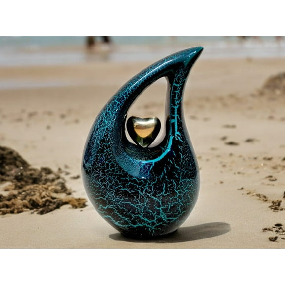 Teardrop Cremation Urn with Golden Heart: Decorative Memorial Urn