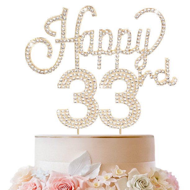 Lingteer Decoración Para Tarta Con Diamantes De Imitación Dorados De Feliz Cumpleaños Número 33: Saludos Al Cumpleaños Número 33, Centros De Mesa Para Tartas De Fiesta De Aniversario De 33 Años, Decor