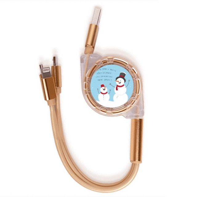 Feliz Navidad muñeco de nieve azul cielo patrón Cable de carga telescópico múltiples USB tres en uno