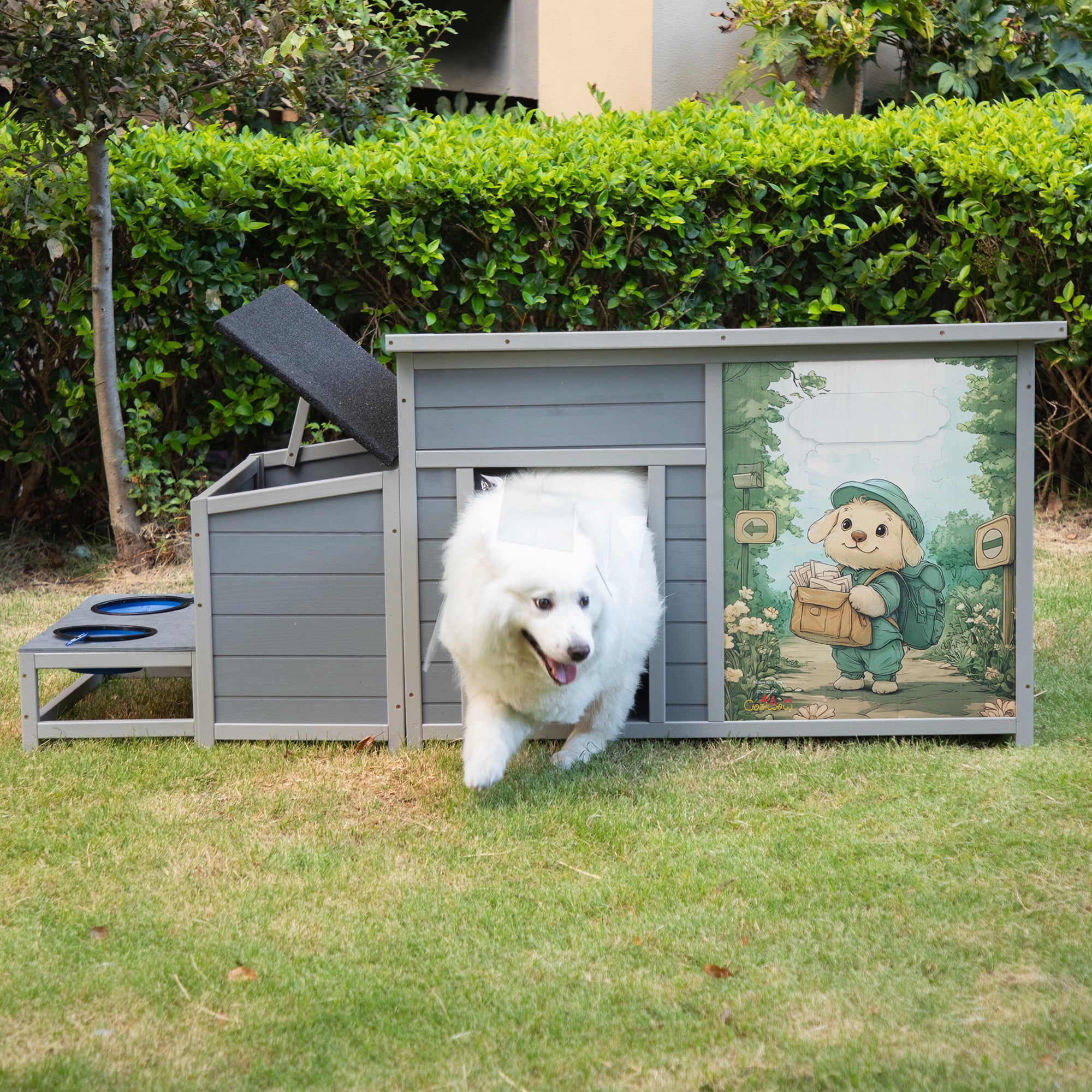 Jaxpety Large Outdoor Dog House, Winter Weatherproof Wooden Dog Kennel with Slow Feed Bowls, Gray