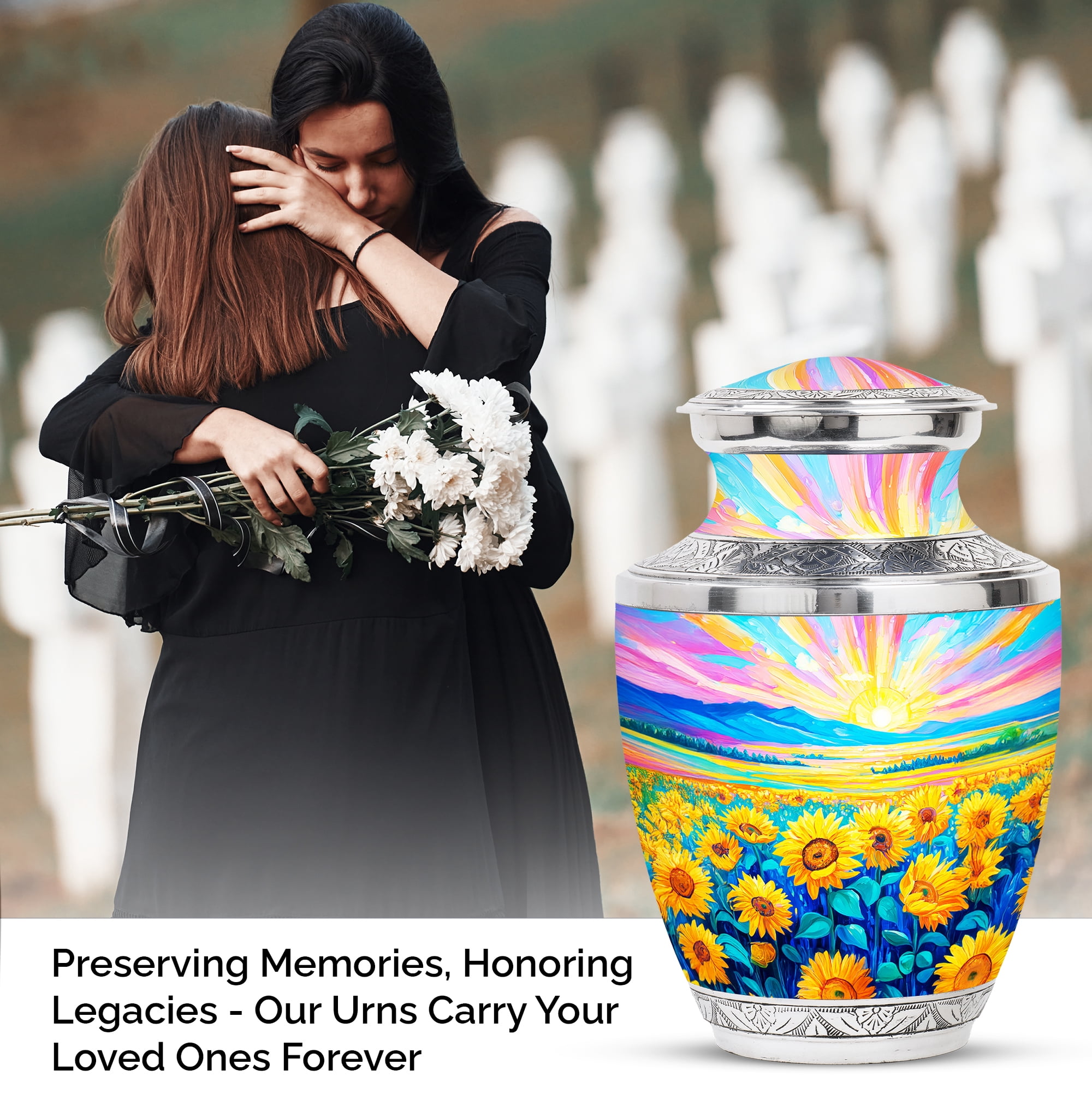 MUKTIVE Sunflower Large Cremation Urn for Human Ashes Mom & Dad, Memorial Blue Urns for Ashes Adult Male & Female, Funeral Urns for Ashes, Urn for Husband & Wife, 10 Inch