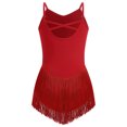 thumbnail image 2 of IBTOM CASTLE Girl Rhinestone Sparkly Fringe Bodysuit Tassel Kids Latin Jazz Dance Outfits Crisscross Back Gymnastics Dance Leotard 红色, 2 of 7