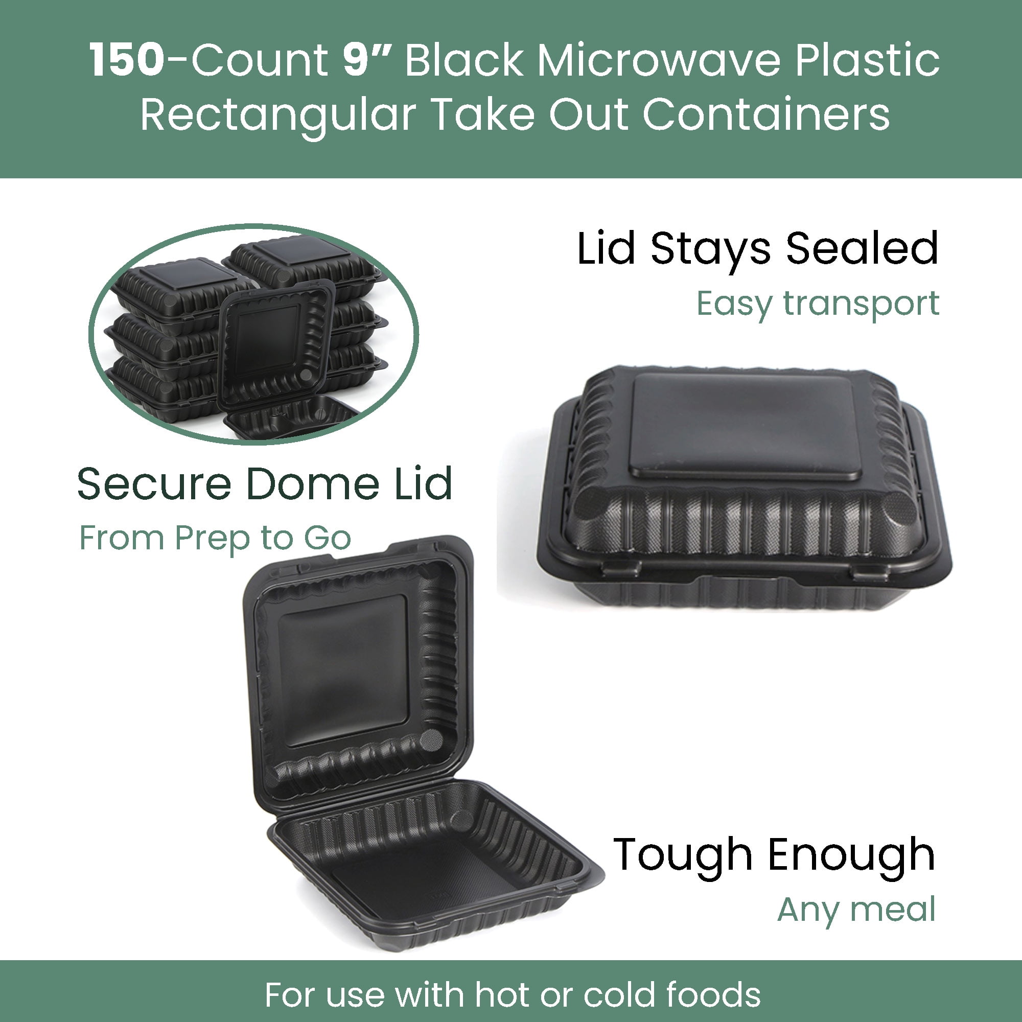 Northlight 150-Count Single Compartment Hinged Black Meal Prep/Take Out Containers - 9"