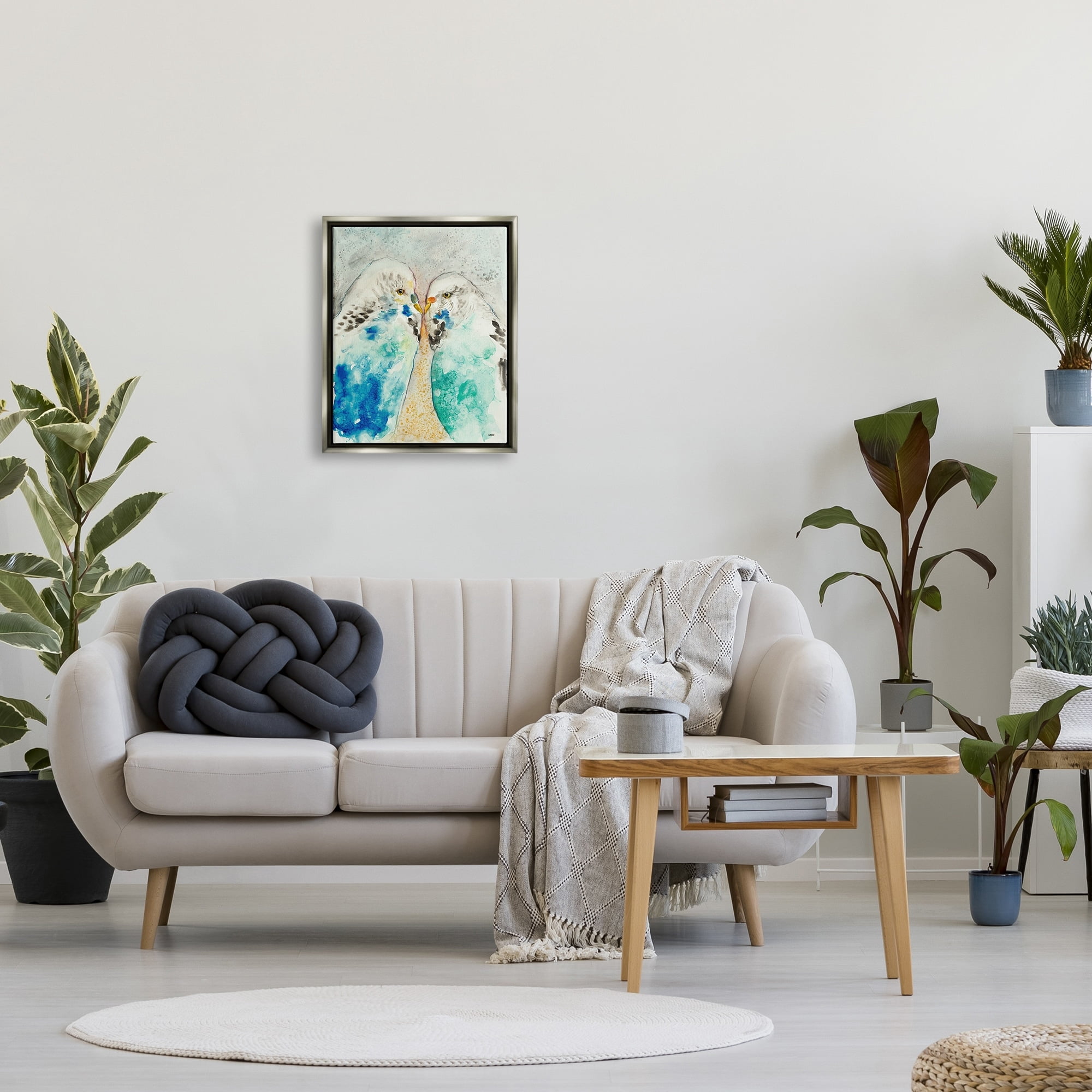 Stupell Industries Pair Blue Parakeets Birds Dotted Watercolor Detail Painting Luster Gray Floating Framed Canvas Print Wall Art, Design by Patti Mann
