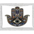 thumbnail image 1 of Hamsa Tapestry, Hand Drawn Boho Style Vintage Sign with All Seeing Eye Religious Doodle, Wall Hanging for Bedroom Living Room Dorm Decor, 80W X 60L Inches, Royal Blue Caramel Black, by Ambesonne, 1 of 1