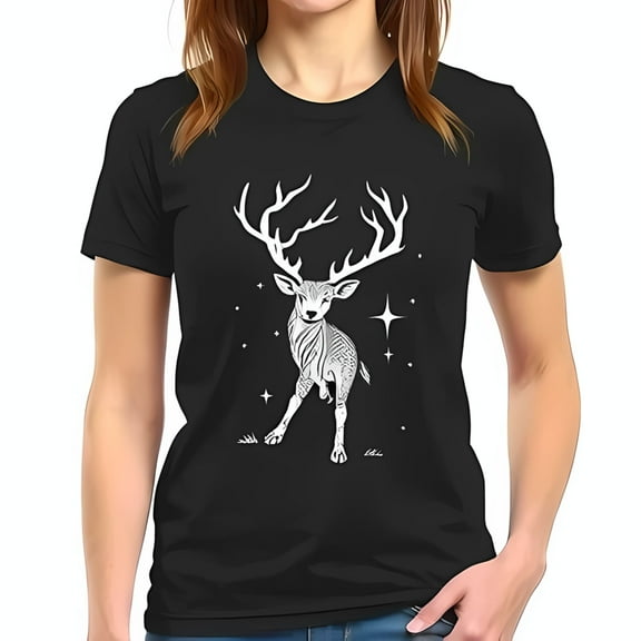 Stylish Black Cotton Short Sleeve T-Shirt with Intricate White Stag Design and Stars