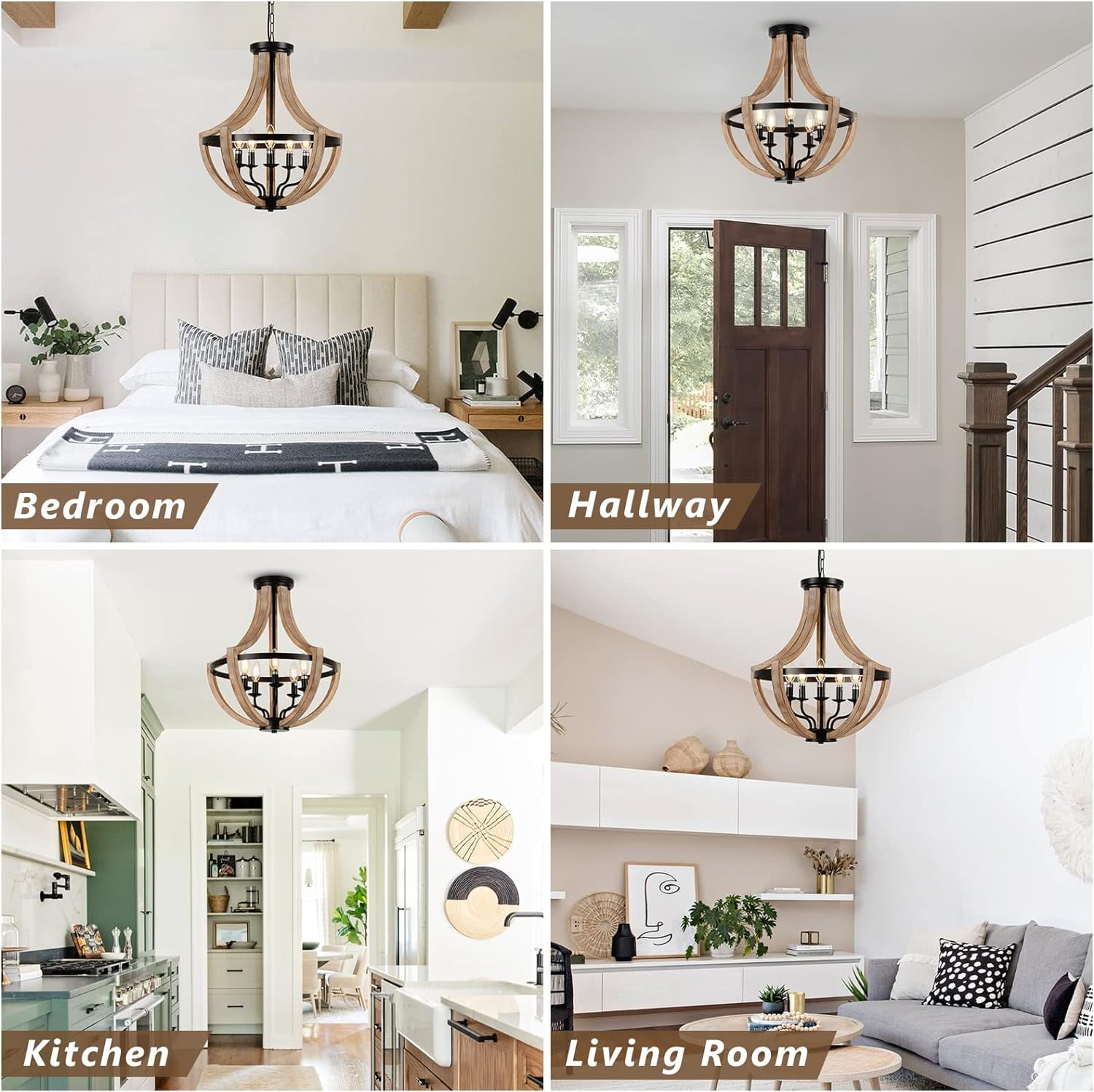 BINUFF Elegant Retro 19" Brown Solid Wood Ceiling Pendant Light Fixture Dimmable