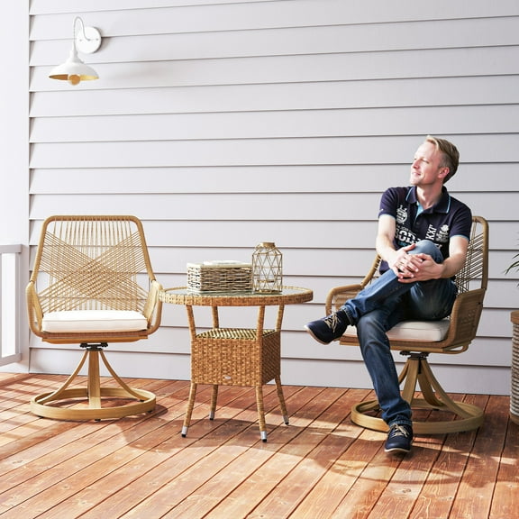 Outsunny Outdoor Patio Swivel Chairs Set of 2, Rattan Patio Dining Chairs with Soft Cushions and Metal Frame for Backyard, Lawn, Porch, Garden, Khaki