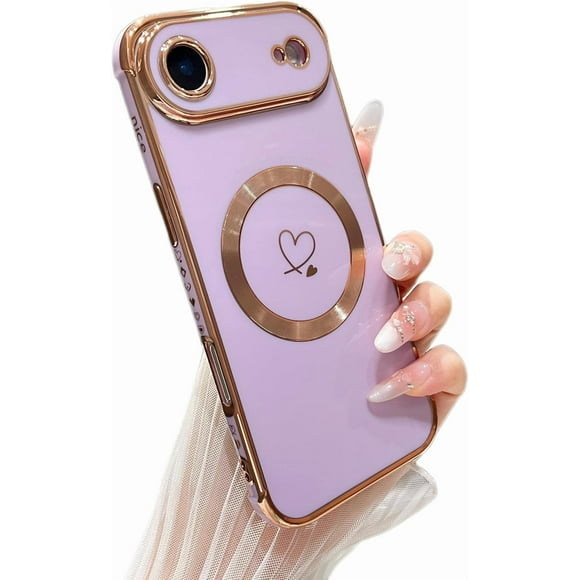 TEMOGU-Magnetic Case for iPhone Air Case[Compatible with MagSafe] Cute Plating Love Hearts with Camera Protection,Soft Shockproof TPU Bumper Cover for Women Girls,Light Purple