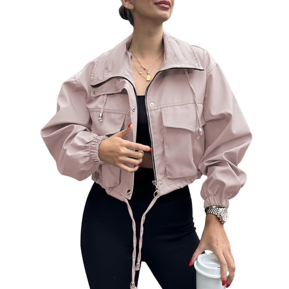 Edvintorg Jackets for Women Drawstring Cropped Zip Up Cargo Coat Long Sleeve Casual Windbreaker Outerwear with Pockets Women Clothes Pink L