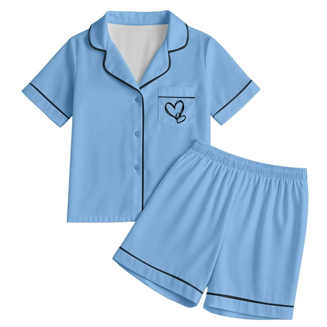 Tenues et Ensembles pour Filles Ensemble de Sommeil pour Préadolescentes 2 Pcs Pyjama à Imprimé Cœur Haut de Détente à Manches Courtes et Shorts pour le Confort
