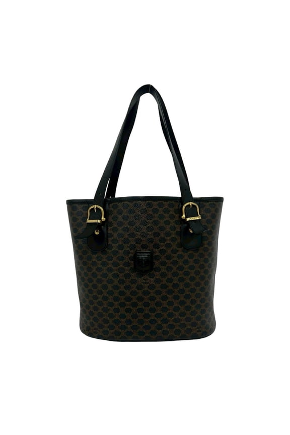 Pre-Owned CELINE Magadam Blazon Triomphe Pattern Logo Leather Tote Bag Handbag Brown Black 26218