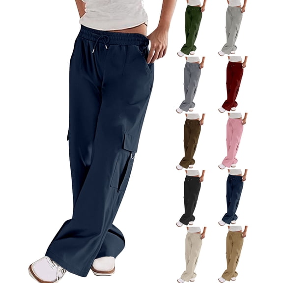 Wide Leg Pants Work Pants Mid Rise Relaxed Straight Leg Cargo Casual Trousers with Multi Pockets Plus Size Navy XXL