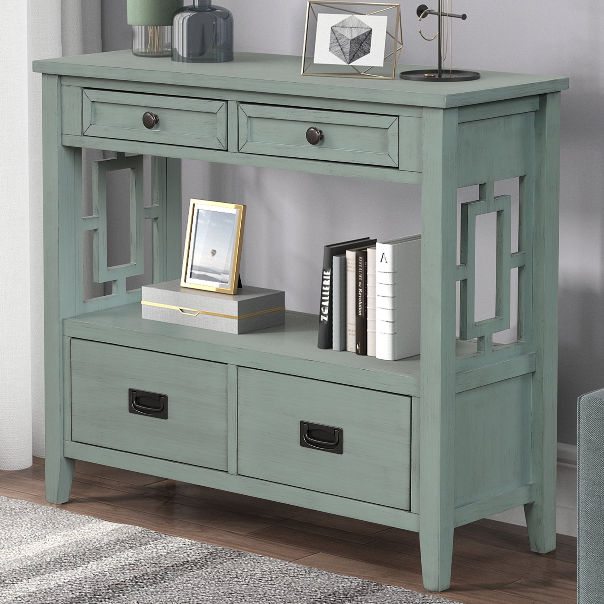 36" Farmhouse Pine Wood Console Table Entry Sofa Table with 4 Drawers & 1 Storage Shelf for Entryway Living Room Bedroom Hallway Kitchen(Retro Blue)