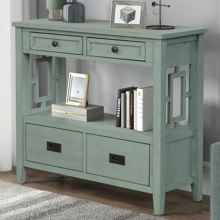 36 Inch Country Farmhouse Console Table with 4 Drawers and 1 Storage Shelf Pine Wood Suitable for Entryway Entrance Living Room Bedroom Hallway Kitchen (Green)