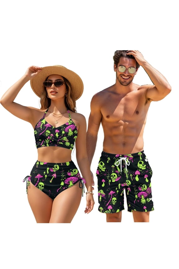 Matching Bathing Suits for Couples Green Skull Mushroom Crisscross Bikini Sets for Women Men Board Shorts Trendy His and Hers Swimsuits Matching Sets for Beach/Party