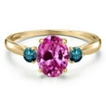 thumbnail image 3 of Gem Stone King 10K Yellow Gold Pink Created Sapphire and Blue Diamond 3-Stone Ring for Women | 1.85 Cttw | Oval 8X6MM | Gemstone September Birthstone | Size 7, 3 of 6