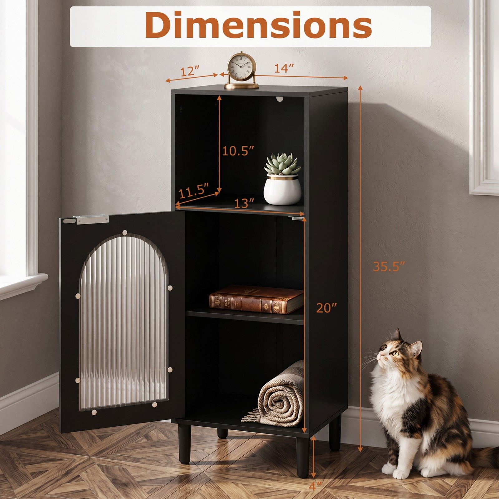 Fenbeli Bathroom Floor Cabinet, Freestanding Wood Side Storage Organizer Cabinet with Adjustable Shelf, Tempered Glass Door and Anti-Tipping Kit for Bathroom, Black