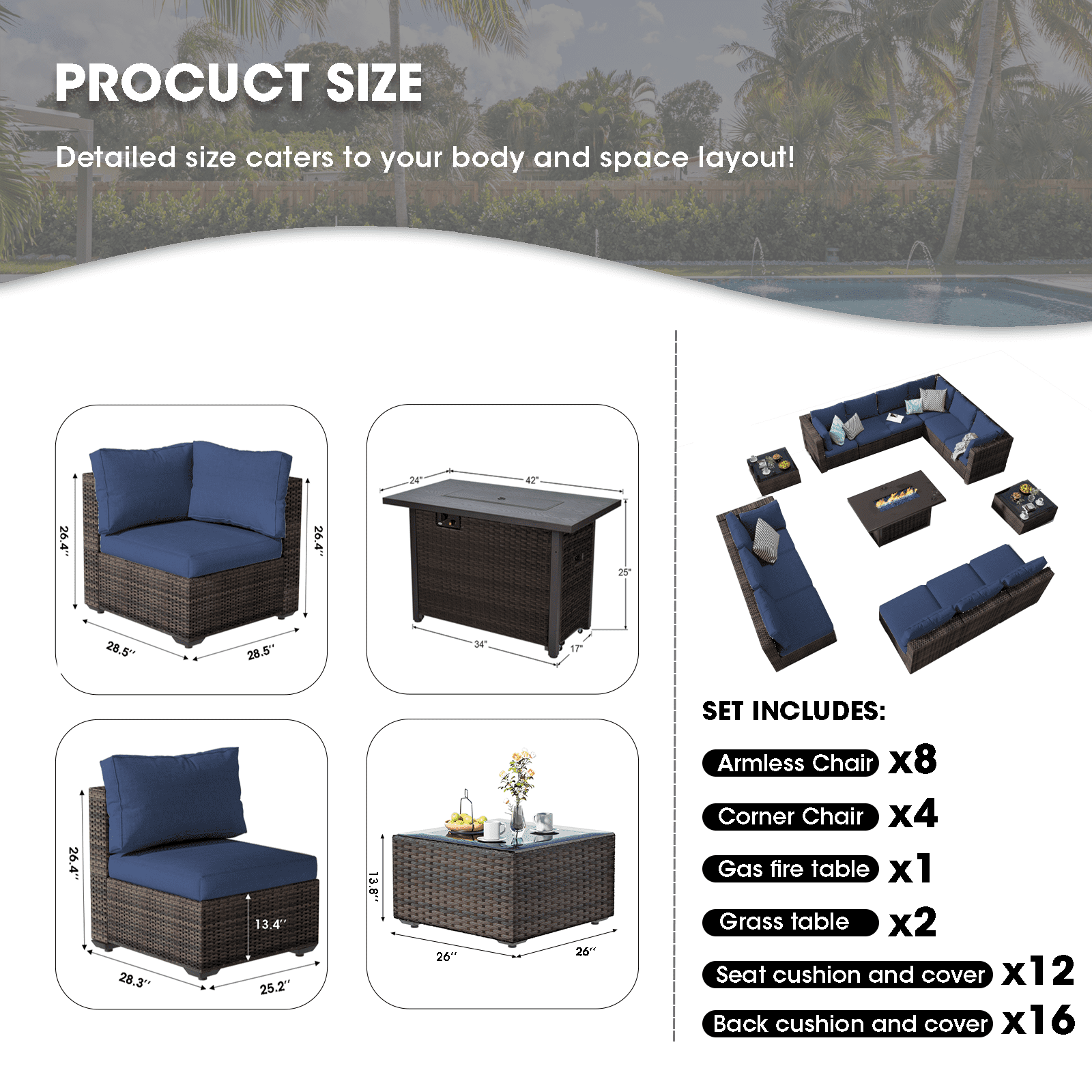 Grezone Patio Furniture Sets 15 Pieces Sectional Outdoor Furniture Sofa Chairs Set All Weather PE Rattan Wicker Couch Conversation Set (Blue)