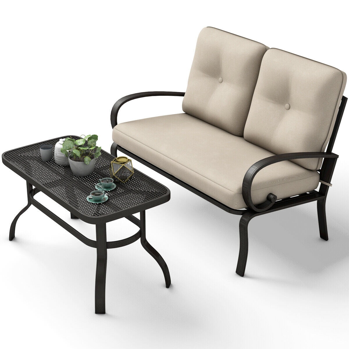 Costway 2 Pcs Patio Outdoor LoveSeat Coffee Table Set Furniture Bench With Cushion