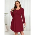thumbnail image 2 of SHOWMALL Plus Size A-Line Dress Burgundy 3X Long Sleeve Scoopneck Pocket Swing Dress for Women, Everyday Work/Dating/Travel, 2 of 9