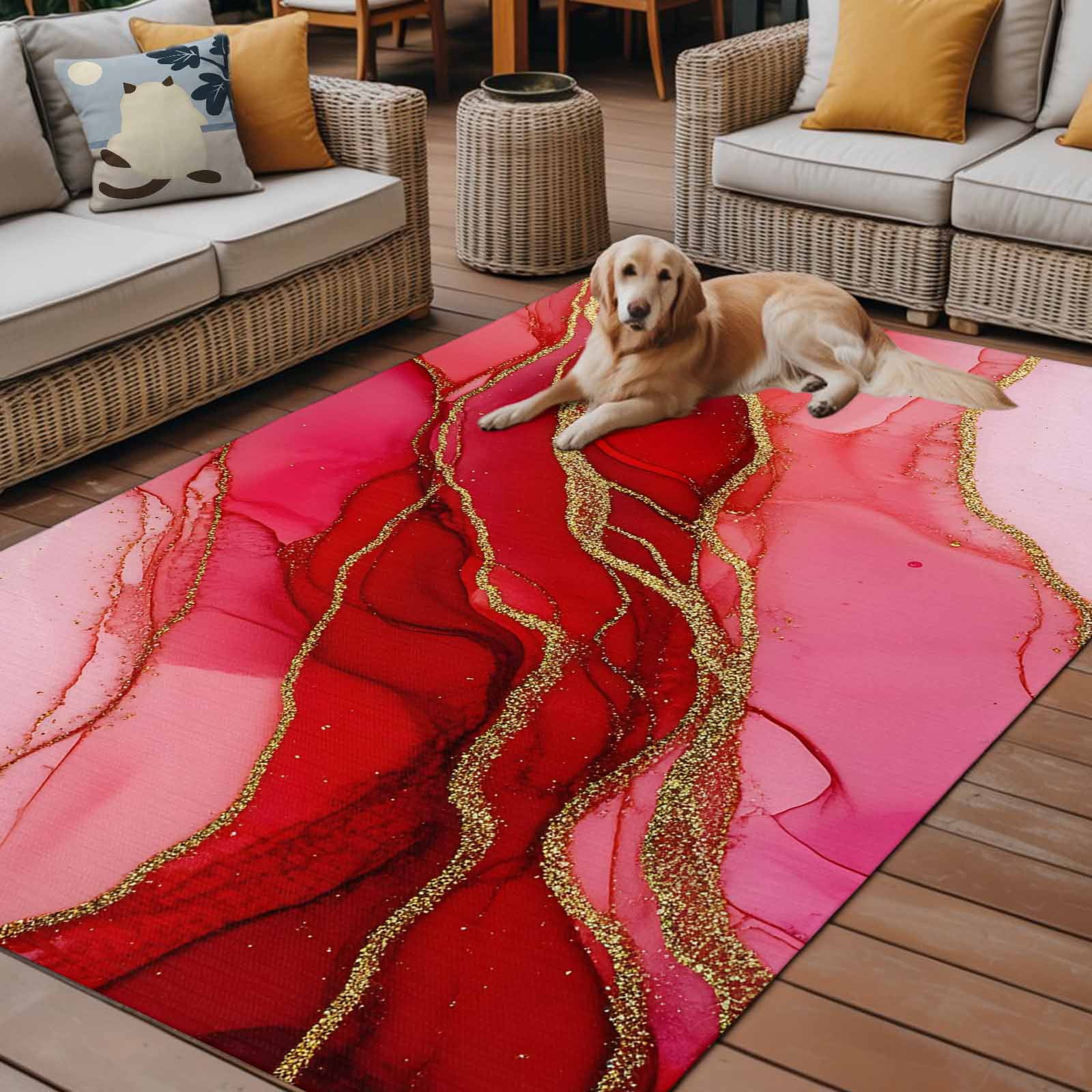 Outdoor Rug 5x8ft Abstract Ombre Red Marble Texture Large Area Rug Modern Art Indoor Outdoor Carpet Outdoor Rugs Mats for Patio Camping,RV,Front Door, Outside Decor