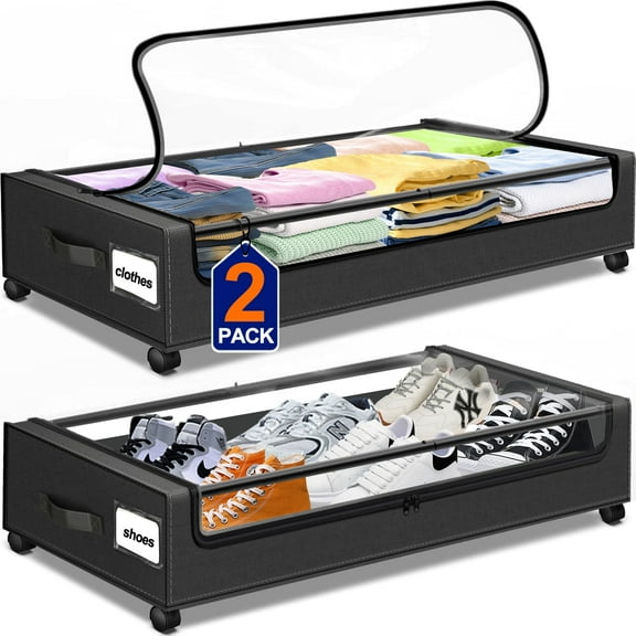 Under Bed Storage with Wheels, 2 Pack Under Bed Storage Containers with Clear Lid and Handles, Under Bed Storage Organizer Bins & Underbed Storage with Wheels for Clothes, Blankets, Shoes