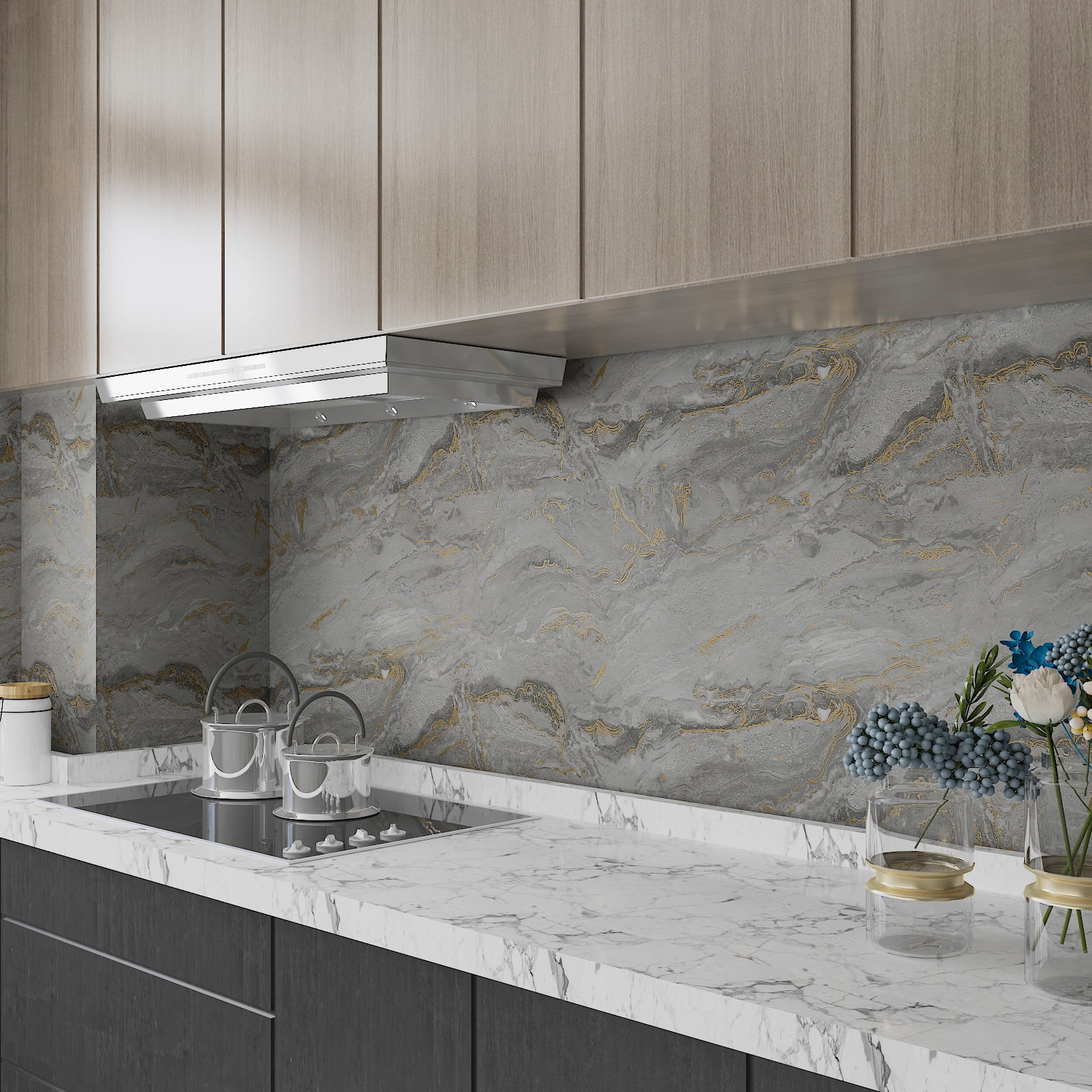 CHIHUT Grey Gold Peel and Stick Marble Contact Paper for Waterproof Countertop 17.7"x236" Matte Marble Wallpaper for Kitchen Self Adhesive Wall Paper Removable Vinyl Stick Paper for Cabinets Walls