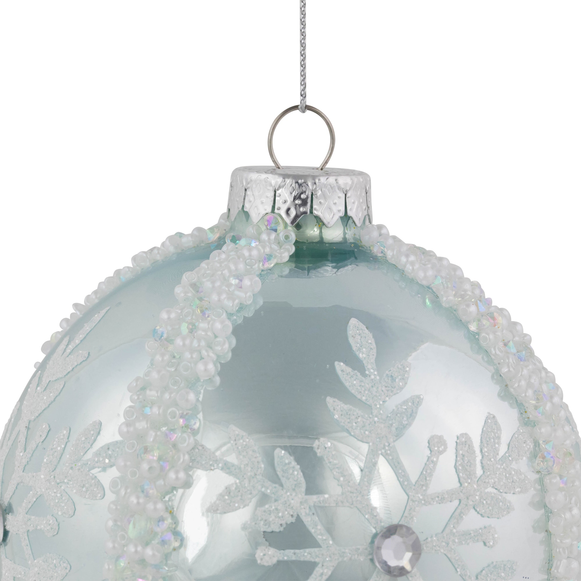 Northlight Set of 2 Sky Blue Glittered and Beaded Snowflake Glass Christmas Ball Ornaments 4"