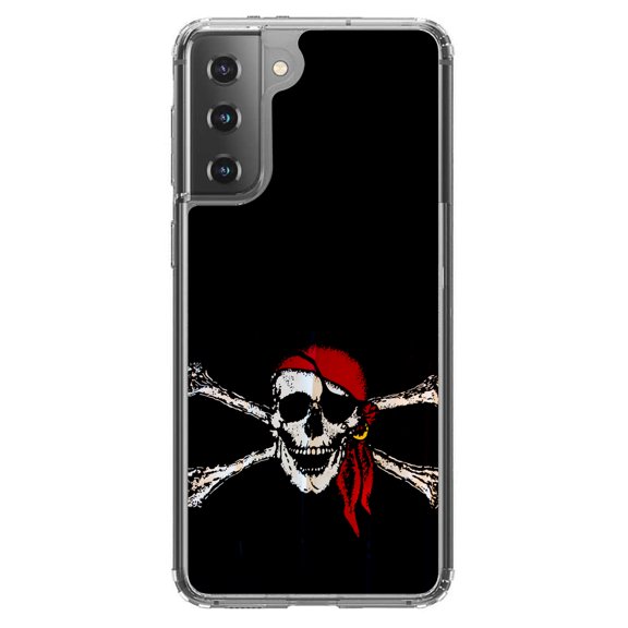 DistinctInk Clear Shockproof Hybrid Case for Galaxy S21  PLUS 5G (6.7" Screen) - TPU Bumper, Acrylic Back, Tempered Glass Screen Protector - Black Red Pirate Flag