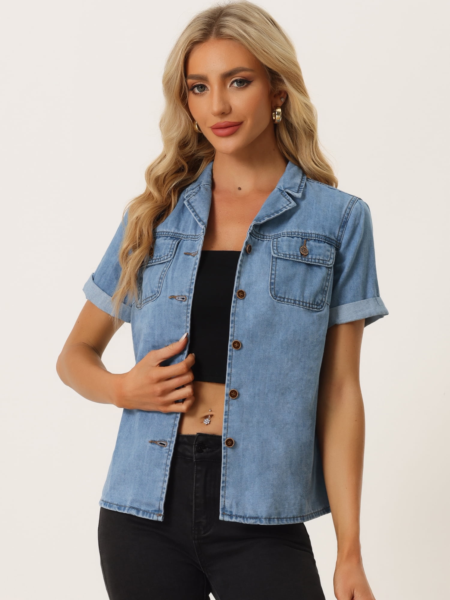 DARING DIVA Women's Denim Collared Short Sleeve Chest Pocket Button Up Shirt XL Light Blue