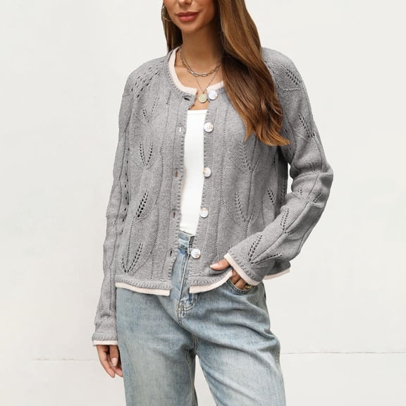 Xdegoge Cardigan Sweaters for Women Lightweight Button Down Crewneck Long Sleeve Pointelle Knit Sweaters Hollow Out Fall Winter Elegant Soft Crochet Knitwear