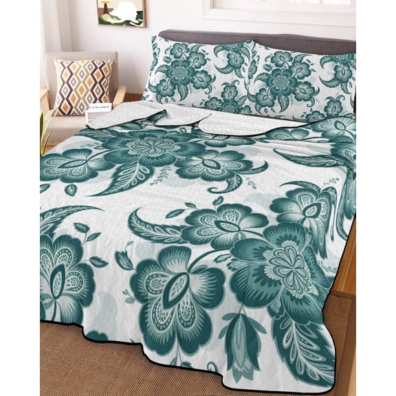 Teal Green Flower Queen Size Down Alternative Comforter, Lightweight Comforter Quilt Bedding Set with Pillow Shams Abstract Vintage Ethnic Floral All Seasons Bed Comforter Duvet Insert 90"x96"