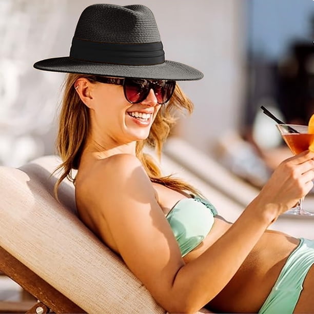 HAiming Women Straw Panama Hat Travel Fedora Beach Sun Hat  display picture 3