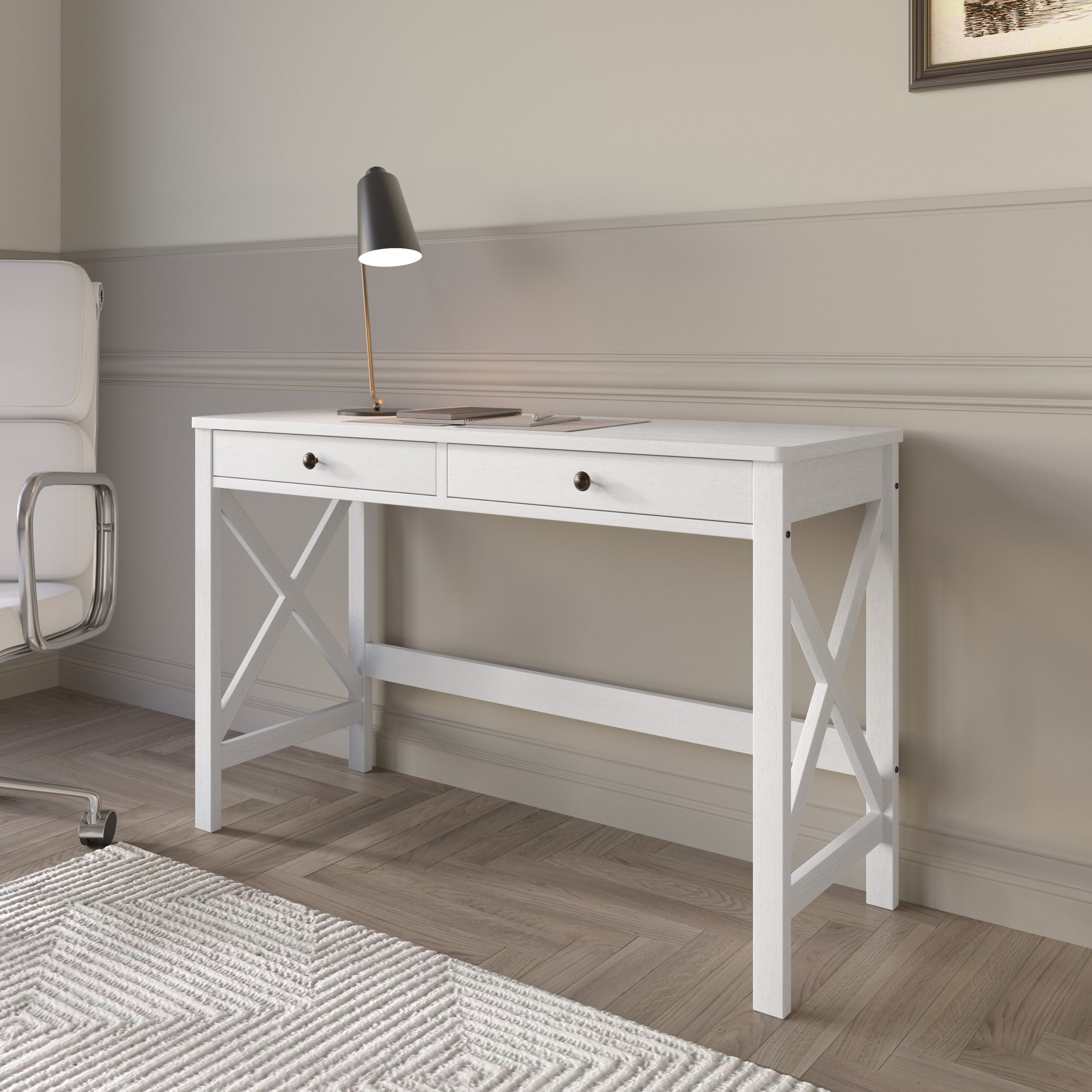 Home Design Beatrice Writing Desk with Spacious Tabletop and Built-In Drawers, Timeless Clean-Lined Design for Bedroom, Home Office, or Study Nook, White