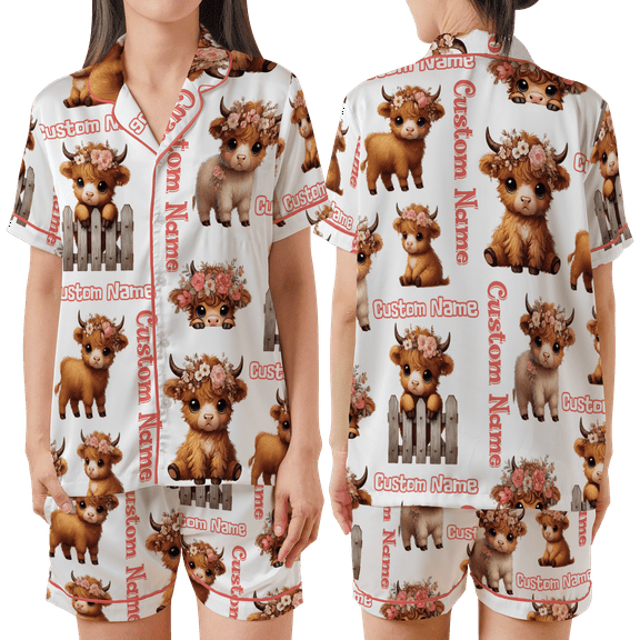 Lotusprinthandmade Highland Cow All-over Print Satin Short-Sleeve Pajamas Set (S) – Cozy Sleepwear For Cow Lovers