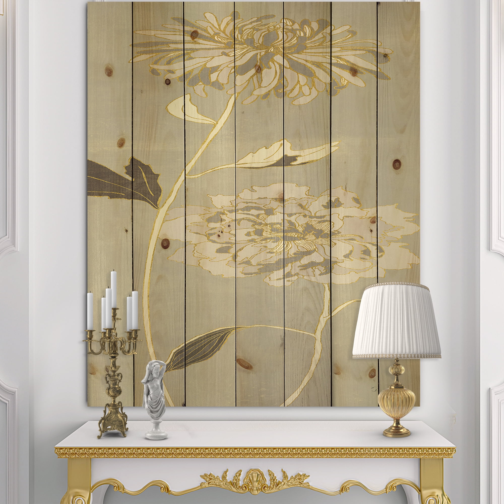 Designart 'Gold Metallic Floral Garden II' Modern Glam Print on Natural Pine Wood