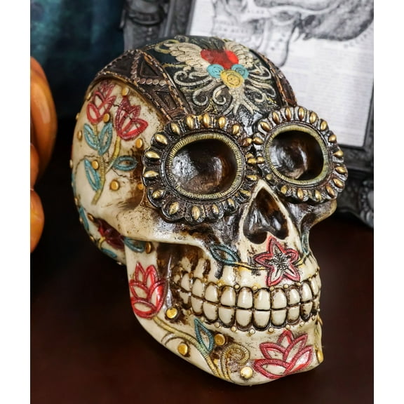 Day Of The Dead Floral Vines Embroidery Angel Wings Heart Motif Skull Figurine
