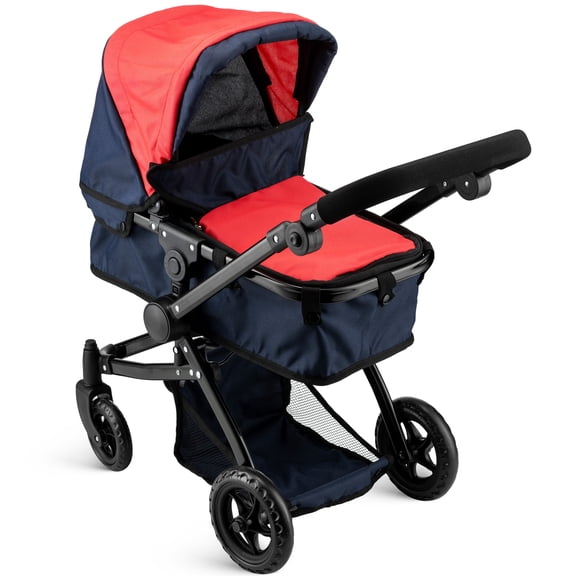 HUSHLILY - Convertible Baby Doll Stroller for Dolls - Bassinet Toy Buggy for Toddlers 3 Years and up, Adjustable Seat & Handle with Storage Basket, Red Design for Kids