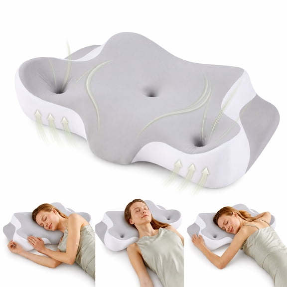 EDX 24 x 16 inch Cervical Ergonomic Pillow - Memory Foam Neck Pain Relief for Side/Back/Stomach Sleepers, Grey