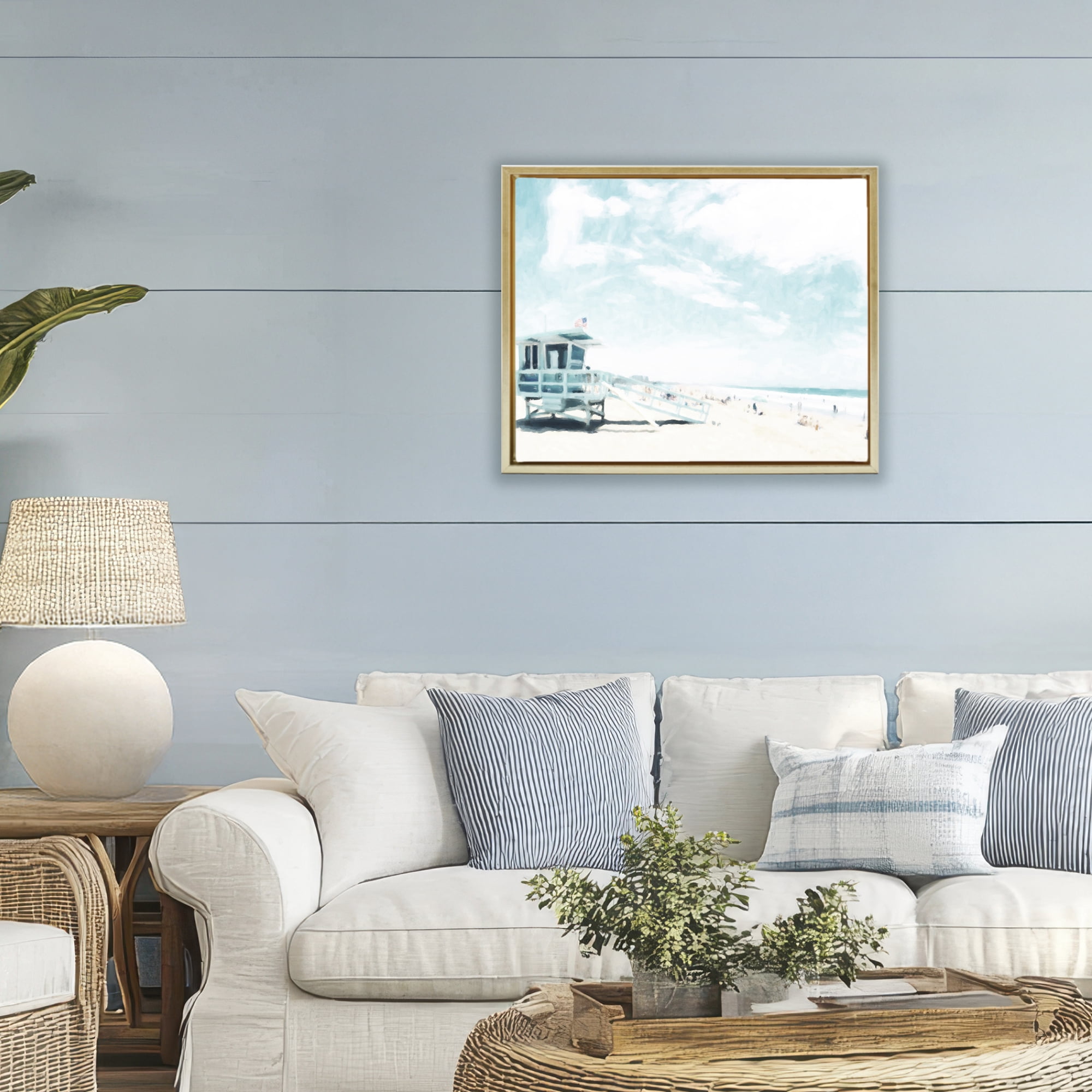 Stupell Industries Blue Beach Station Gold Framed Floater Canvas Wall Art, design by Kim Curinga