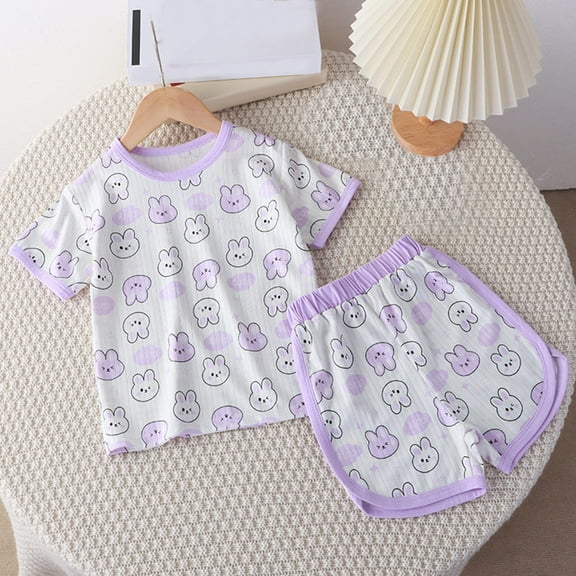 Spazoro Kids Girls Pajamas Shirts and Shorts, Short Sleeve Crew Neck Cute Print Casual Home Wear Comfortable Outfit Sets for Child Girls Boys Purple Size 2 T