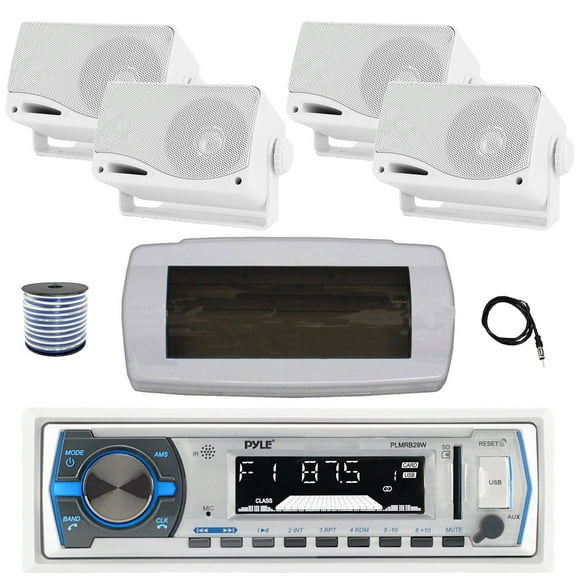 Pyle PLMRB29W Single DIN Bluetooth Marine MP3 AM/FM Stereo Receiver with White Cover, 22" Radio Antenna, Wire, 4x 3.5'' 200 Watt Max 3-Way Indoor/Outdoor Wall Mount Speaker (White)