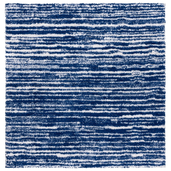 SAFAVIEH Rumi Barrett Striped Polyester Shag Area Rug, Navy/Ivory, 6'7" x 6'7" Square