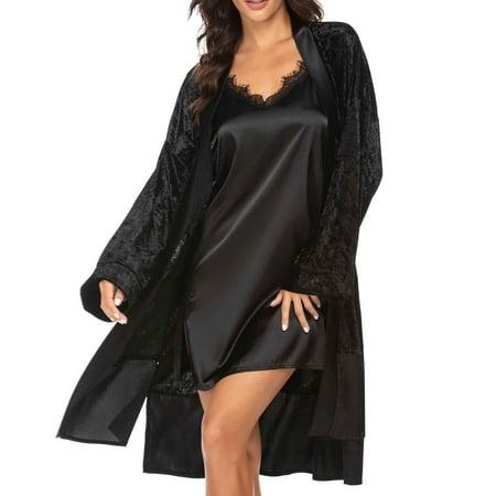 

SELONE Robe for Women Nightgowns for Women Lace Robe Long Sleeve Loose Fit Fashion Solid Color Nightgown Tops Blouse Home Wear Pajama Sets Pj Set for Valentines Anniversary Wedding Honeymoon Black L