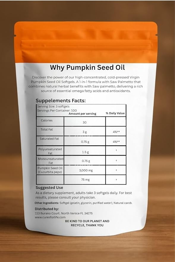 Cures For Life Pumpkin Seed Oil with Saw Palmetto – 3000mg Per Serving, 300 Softgels | Cold Pressed Virgin Oil | Supports Prostate, Bladder, Urinary & Hair Health | Non-GMO