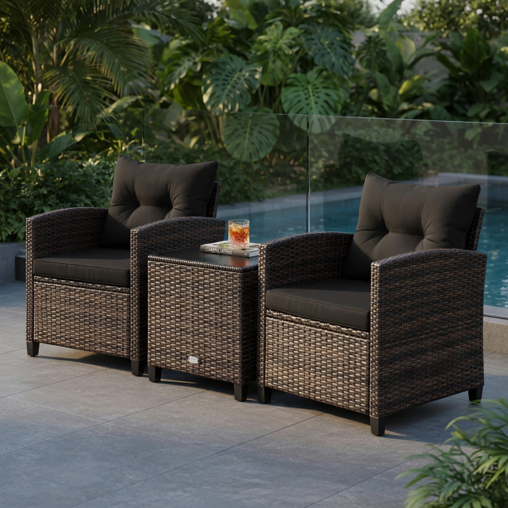 Hommoo 3-Piece Outdoor Rattan Patio Furniture Set with Cushioned Chairs & Tempered Glass Coffee Table, Black